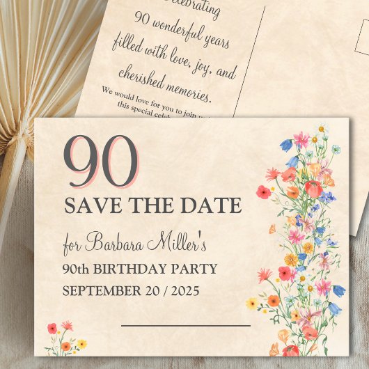 Elegant 90 Save The Date - Bloemen 90ste verjaarda Aankondigingskaart