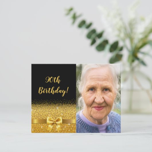 Elegant 90e verjaardag uitnodiging zwarte gouden f (Staand voorkant)