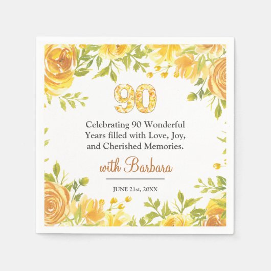 Elegant 90e verjaardagsfeest - Yellow Roses Decor Servet (Voorkant)