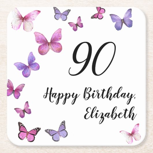 Elegant 90th Birthday Butterflies Custom Name Kartonnen Onderzetters (Voorkant)