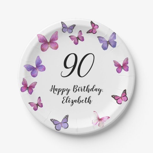 Elegant 90th Birthday Butterflies Custom Name Papieren Bordje (Voorkant)
