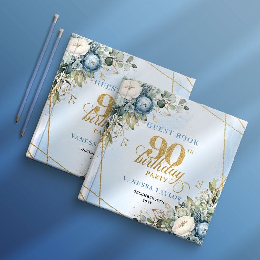 Elegant 90th Birthday Dusty Blue Floral Frame Book Gastenboek