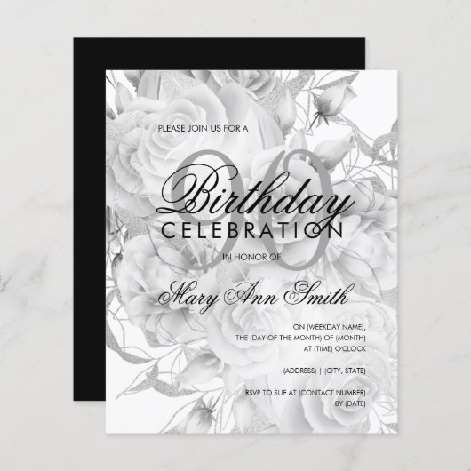 Elegant 90th Birthday Floral Silver White Invite (Voorkant / Achterkant)