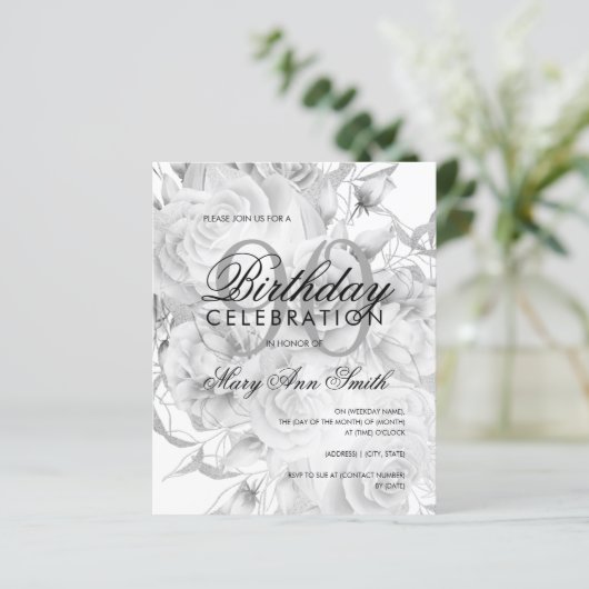 Elegant 90th Birthday Floral Silver White Invite (Staand voorkant)