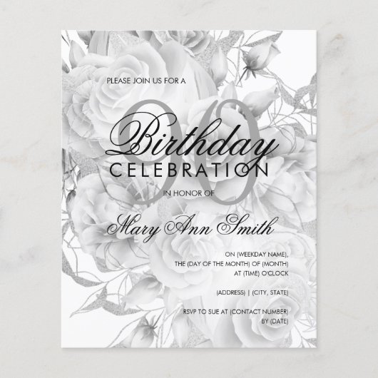 Elegant 90th Birthday Floral Silver White Invite (Voorkant)