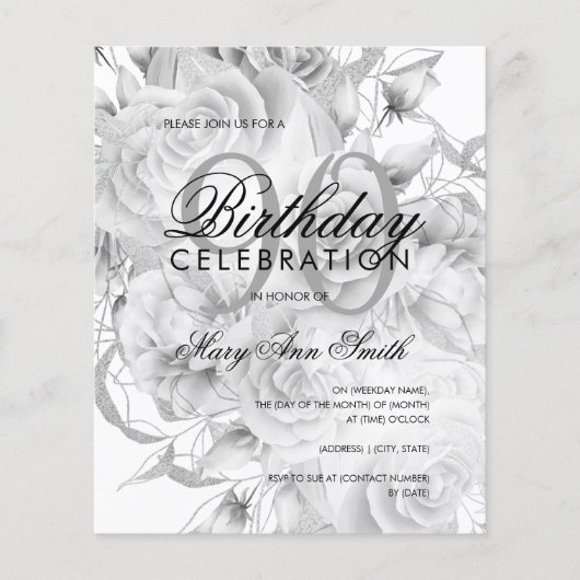 Elegant 90th Birthday Floral Silver White Invite Flyer (Voorkant)