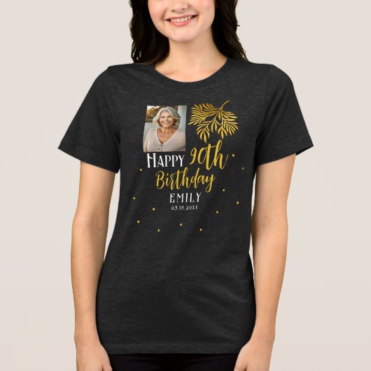 Elegant 90th Birthday Gold Foliage Photo Party Tri-Blend Shirt (Voorkant)