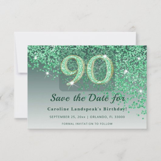 Elegant 90th Birthday Green Glitter Frosted Save The Date (Voorkant)