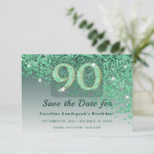 Elegant 90th Birthday Green Glitter Frosted Save The Date (Staand voorkant)