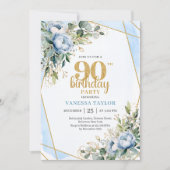 Elegant 90th Birthday Invitation Blue Floral Gold Kaart (Voorkant)