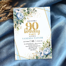 Elegant 90th Birthday Invitation Blue Floral Gold  Kaart