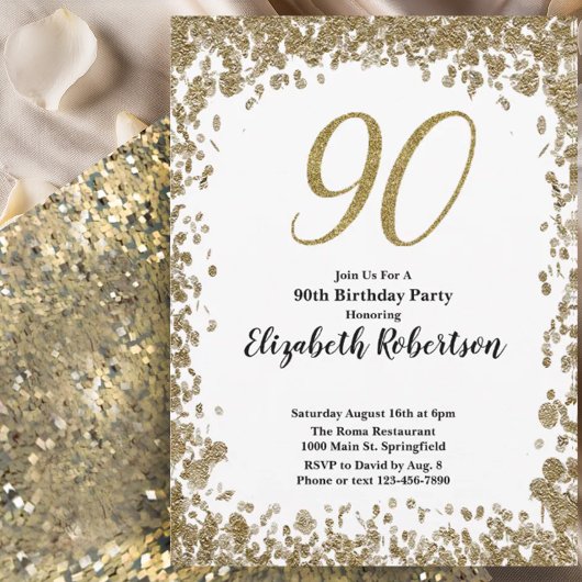 Elegant 90th Birthday Invitation For Her in Gold Kaart
