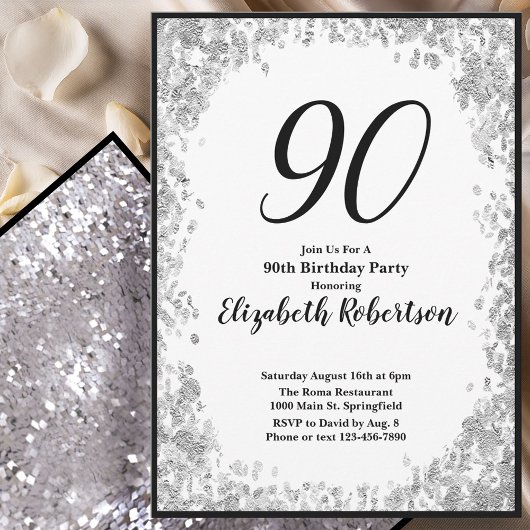 Elegant 90th Birthday Invitation For Her in Silver Kaart
