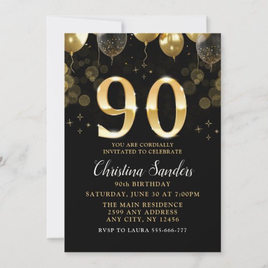 Elegant 90th Birthday Invitation with Gold Glitter Kaart (Voorkant)