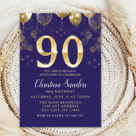 Elegant 90th Birthday Invitation with Gold Glitter Kaart