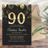 Elegant 90th Birthday Invitation with Gold Glitter Kaart