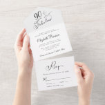 Elegant 90th Birthday Party All In One Uitnodiging<br><div class="desc">Elegant en chic 9etieth verjaardagsfeestje,  allemaal in één uitnodiging met "90 & Fabulous" in een stijlvol kalligrafiekscript op de binnenste bovenste flap. Pas de partijuitnodiging en de details in eenvoudige moderne typografie en een  manuscript aan. Een scheurtje RSVP-briefkaart biedt een handige en envelopvrije reactie van uw gasten.</div>