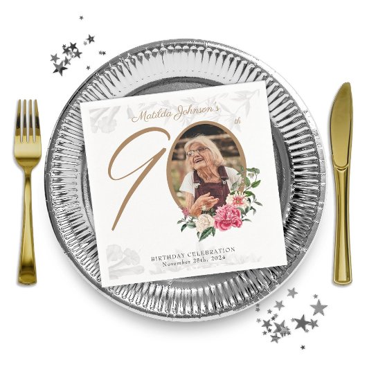 Elegant 90th Birthday Party Floral Botanical Photo Servet
