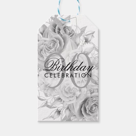 Elegant 90th Birthday Party Floral Silver White Cadeaulabel (Voorkant)
