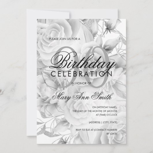 Elegant 90th Birthday Party Floral Silver White Kaart (Voorkant)