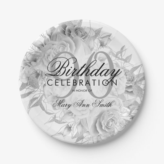 Elegant 90th Birthday Party Floral Silver White Papieren Bordje (Voorkant)