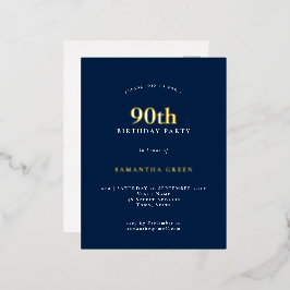 Elegant 90th Birthday Party Navy Blue Folie Uitnodiging Briefkaart