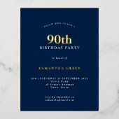 Elegant 90th Birthday Party Navy Blue Folie Uitnodiging Briefkaart (Voorkant)