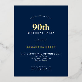 Elegant 90th Birthday Party Navy Blue Folie Uitnodiging Briefkaart