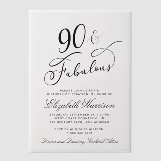 Elegant 90th Birthday Party Vellum Uitnodigingen (Voorkant)