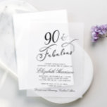 Elegant 90th Birthday Party Vellum Uitnodigingen<br><div class="desc">Elegante en chique 90e verjaardagsfeest vellum uitnodiging met "90 & Fabulous" en haar naam in klassieke kalligrafie scripts en haar partij details in eenvoudige,  moderne typografie. Bedek het op haar favoriete foto voor een verfijnde en tijdloze touch.</div>