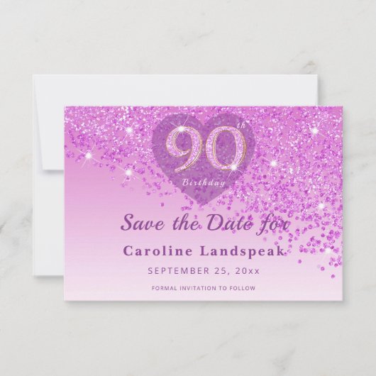 Elegant 90th Birthday Pink Glitter Frosted Heart Save The Date (Voorkant)