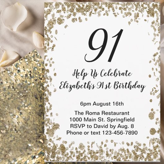 Elegant 91st Birthday Invitation Black and Gold  Kaart