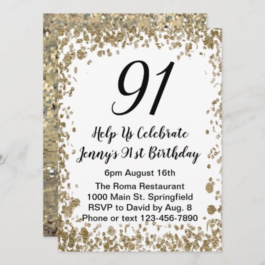 Elegant 91st Birthday Invitation For Her in Gold Kaart (Voorkant / Achterkant)