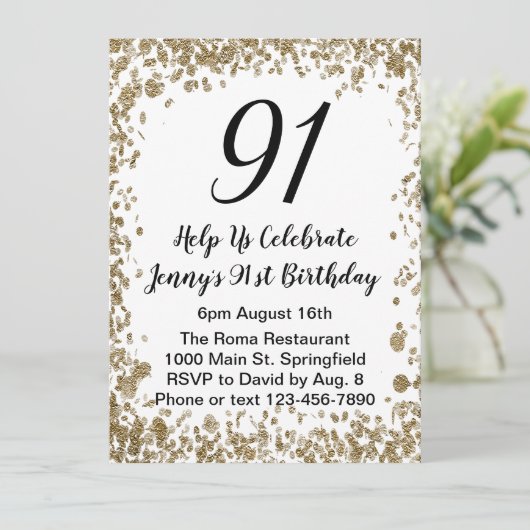Elegant 91st Birthday Invitation For Her in Gold Kaart (Staand voorkant)