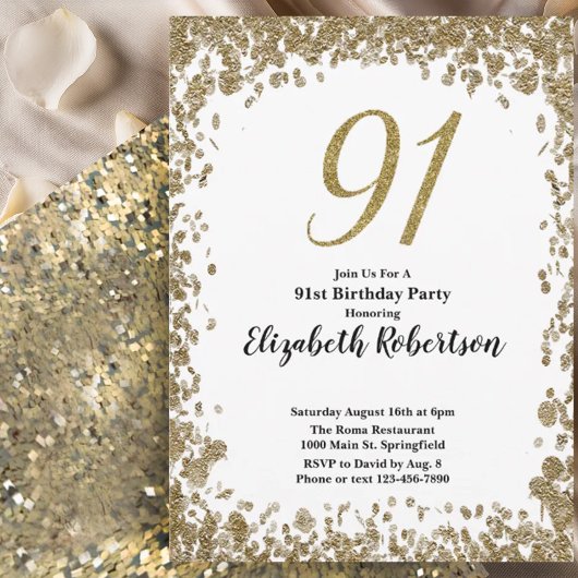 Elegant 91st Birthday Invitation For Her in Gold Kaart