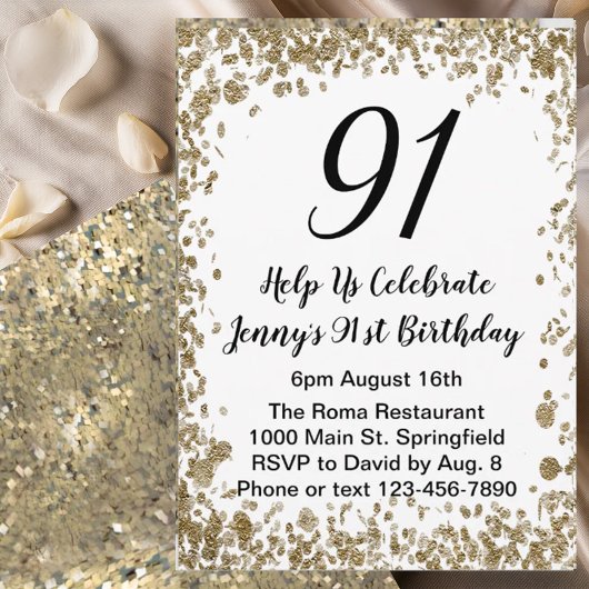 Elegant 91st Birthday Invitation For Her in Gold Kaart