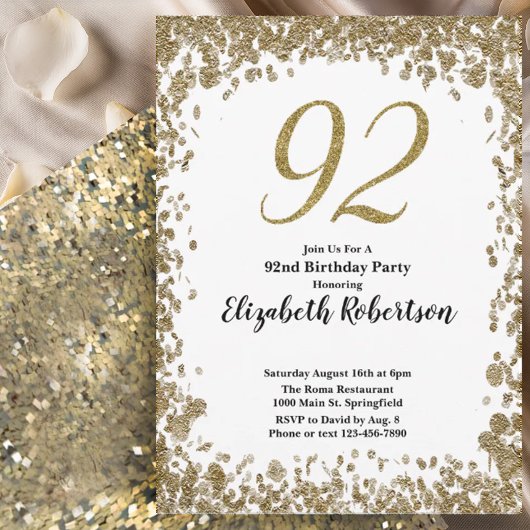 Elegant 92nd Birthday Invitation For Her in Gold Kaart