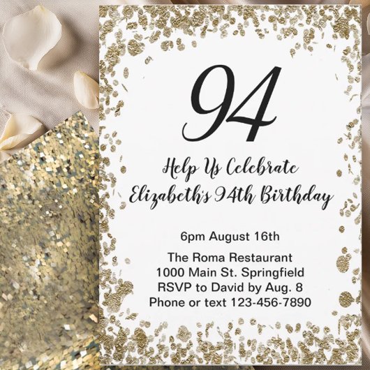 Elegant 94th Birthday Invitation Black and Gold  Kaart