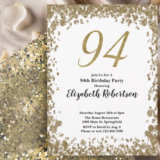 Elegant 94th Birthday Invitation For Her in Gold Kaart