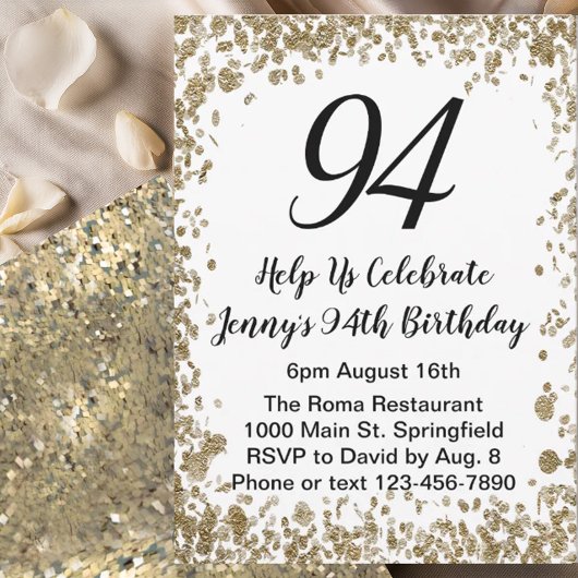 Elegant 94th Birthday Invitation For Her in Gold Kaart