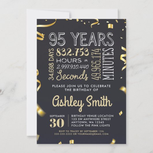 Elegant 95th Birthday Invitation Gold Glitter Kaart (Voorkant)