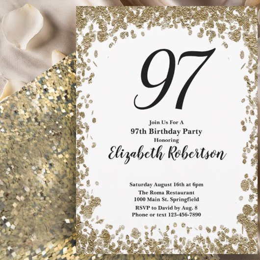 Elegant 97th Birthday Invitation For Her in Gold Kaart