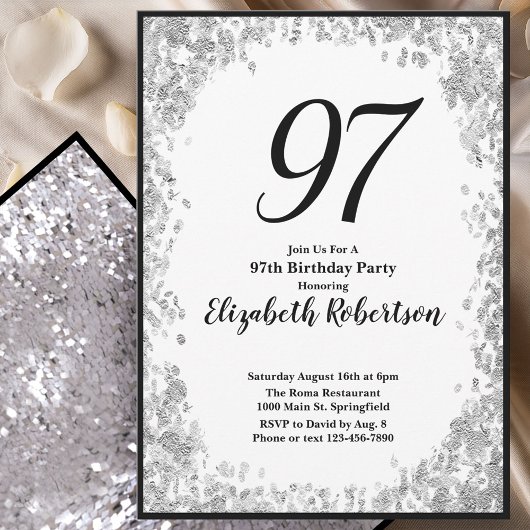 Elegant 97th Birthday Invitation Silver and Black Kaart