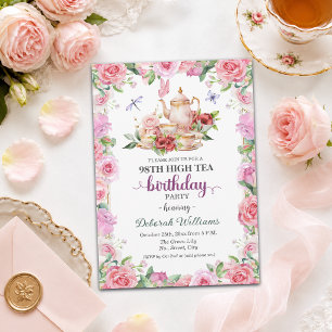 Elegant 98ste verjaardag high tea feestje kaart