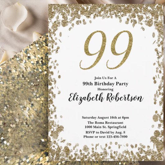 Elegant 99th Birthday Invitation For Her in Gold Kaart