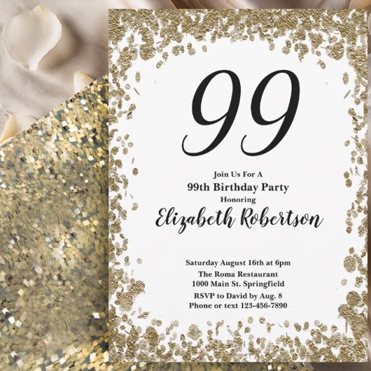Elegant 99th Birthday Invitation For Her in Gold Kaart