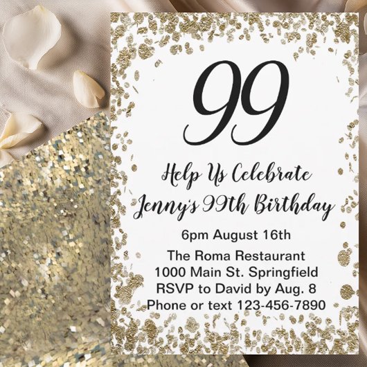 Elegant 99th Birthday Invitation For Her in Gold Kaart