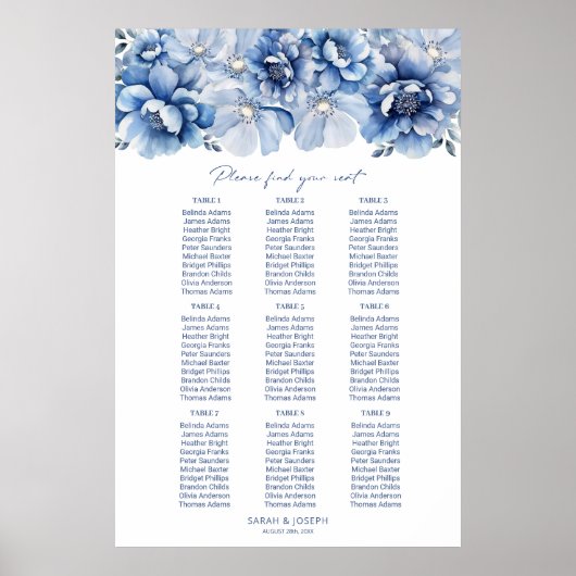 Elegant 9 Tafel Blauw Bloemen Trouwstoel Grafiek Poster (Voorkant)