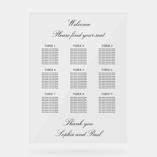 Elegant 9 tafel zitgrafiek Acryl teken Acryl Bord (Voorkant)