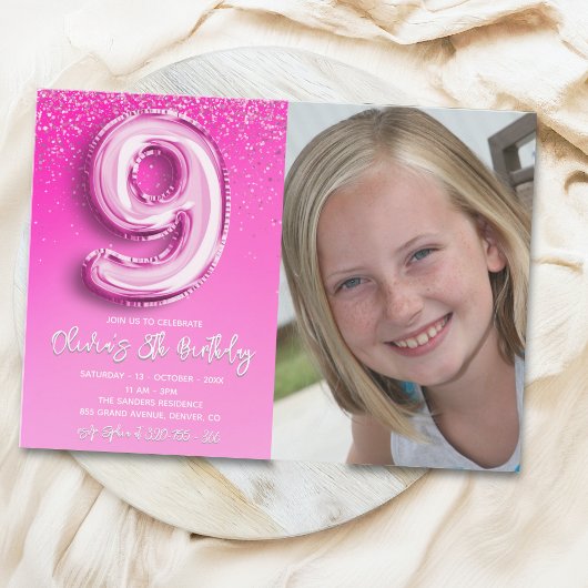 Elegant 9th Birthday girl with photo Numer Ballon Kaart
